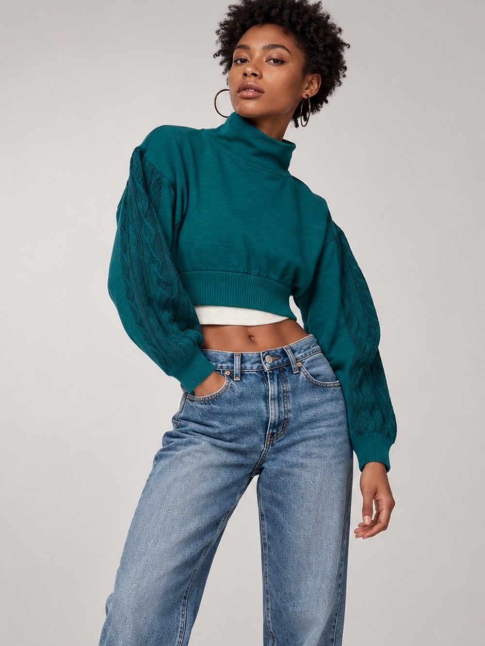 Urban Outfitters Teal Cropped Turtleneck Textured Cable Knit Sleeve Sweater L